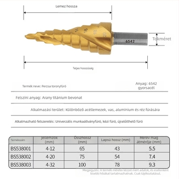 Persia lépcsős furó, pagoda alak, nagy szilárdságú rozsdamentes acél, univerzális fúrás, multifunkcionális