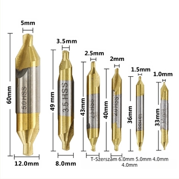 Center drill készlet gyorsacélból, titán bevonattal mindkét végén, 6/7 darabos készlet, 60 fokos szög