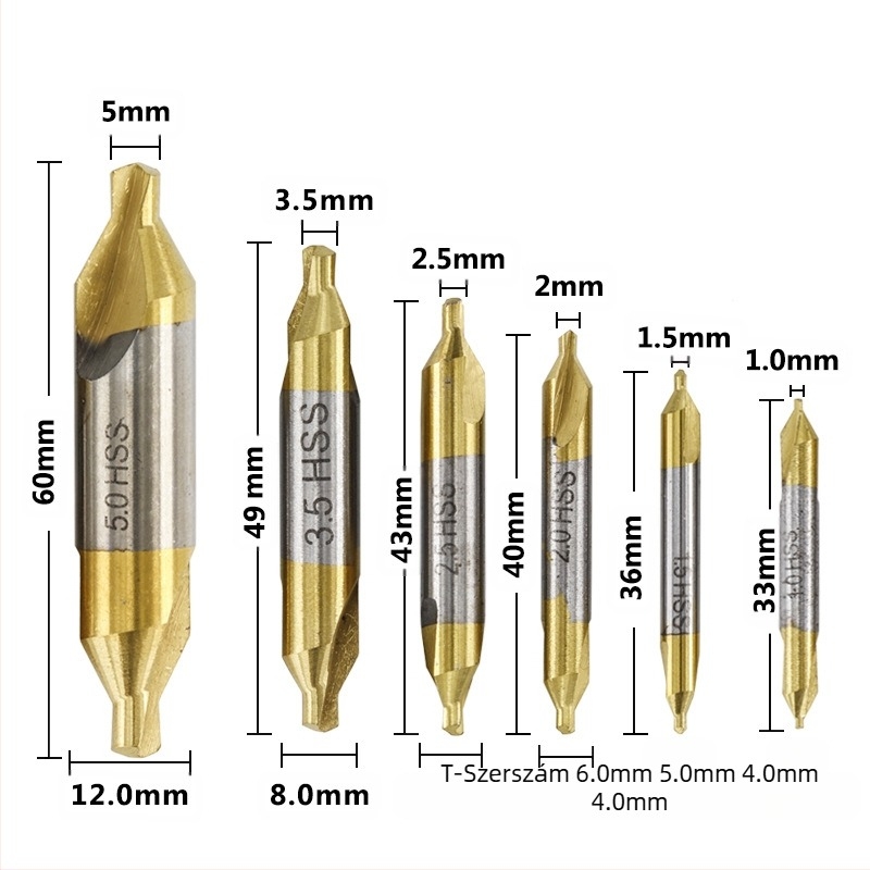 Center drill készlet gyorsacélból, titán bevonattal mindkét végén, 6/7 darabos készlet, 60 fokos szög