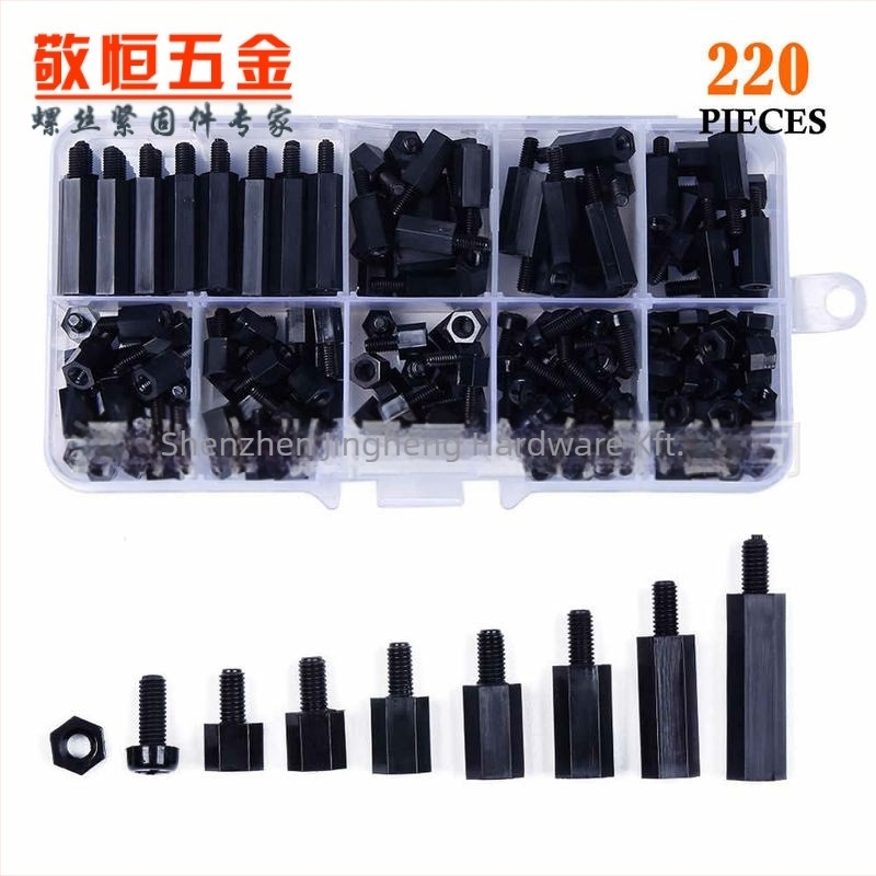 M3 nylon csavarok és anyák készlete, izolációs oszlopokkal, dobozos csomagolás