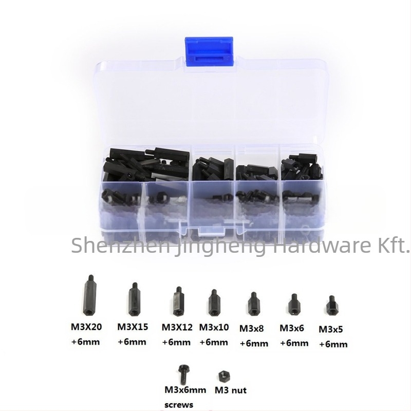 M3 nylon csavarok és anyák készlete, izolációs oszlopokkal, dobozos csomagolás