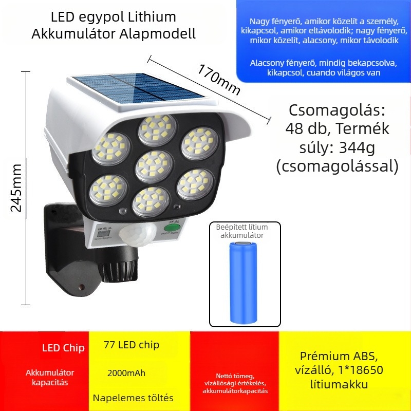 Napelemes LED falikar mozgásérzékelővel és hamis megfigyelő kamerával, kültéri használatra, IP65, 5W.