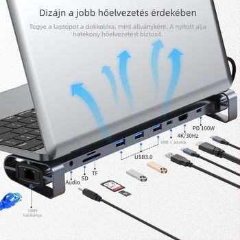 Type-C hub dokkoló, 10 az 1-ben laptophoz, USB-C, 5Gbps, modell 2212, külső tápegység nélkül