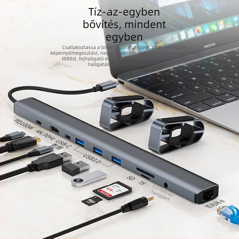 Type-C hub dokkoló, 10 az 1-ben laptophoz, USB-C, 5Gbps, modell 2212, külső tápegység nélkül