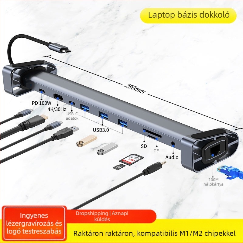 Type-C hub dokkoló, 10 az 1-ben laptophoz, USB-C, 5Gbps, modell 2212, külső tápegység nélkül