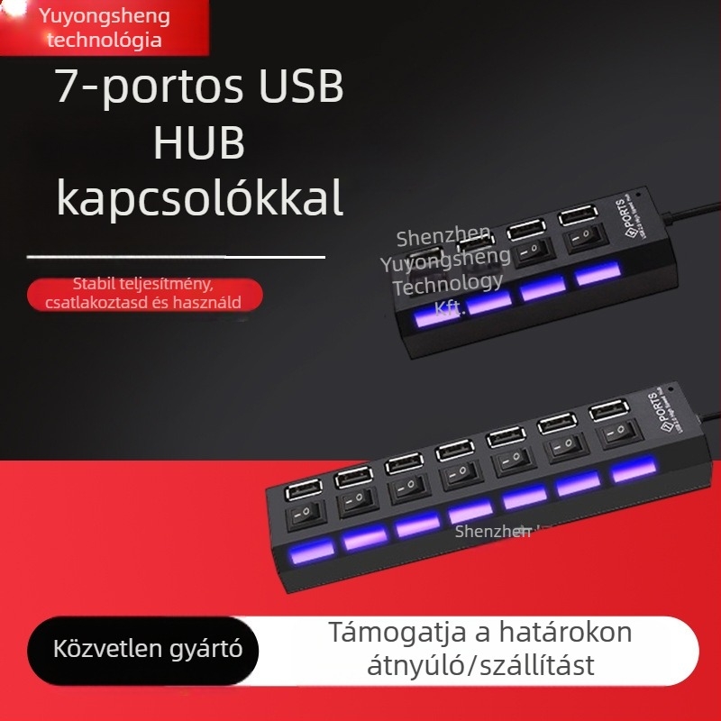 7-portos USB 2.0 hub kapcsolóval, tápellátás nélkül, 480 Mbps