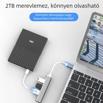 USB-C 4-port USB 3.0 hub, laptop dokkolóállomás, alumínium ház, külső tápegység nélkül