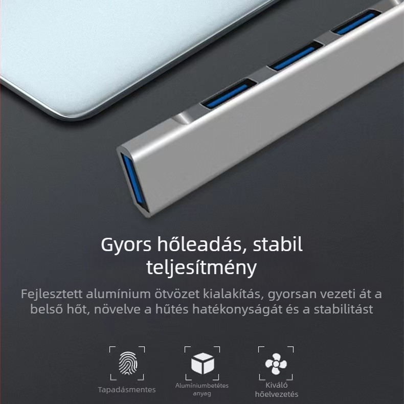 USB-C 4-port USB 3.0 hub, laptop dokkolóállomás, alumínium ház, külső tápegység nélkül
