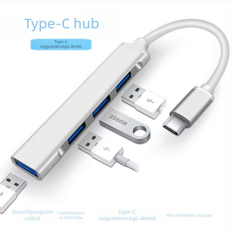 USB-C 4-port USB 3.0 hub, laptop dokkolóállomás, alumínium ház, külső tápegység nélkül