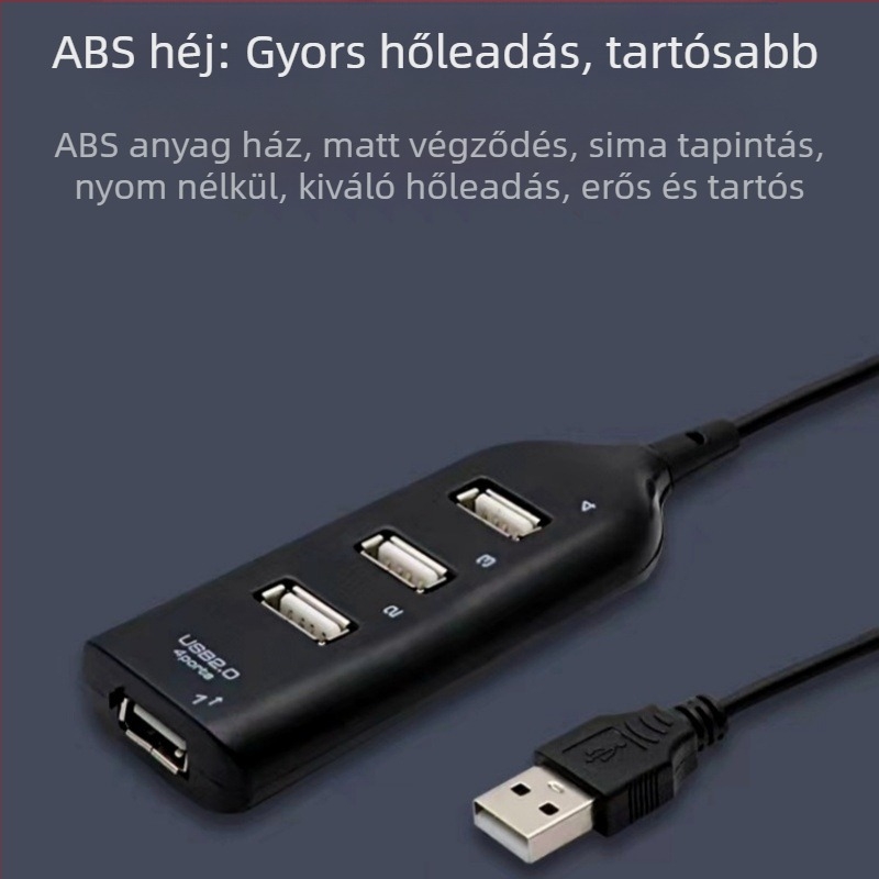 USB 2.0 hub 4 porttal, 1–4 elosztó, USB-ről táplált, külső tápellátás nélkül