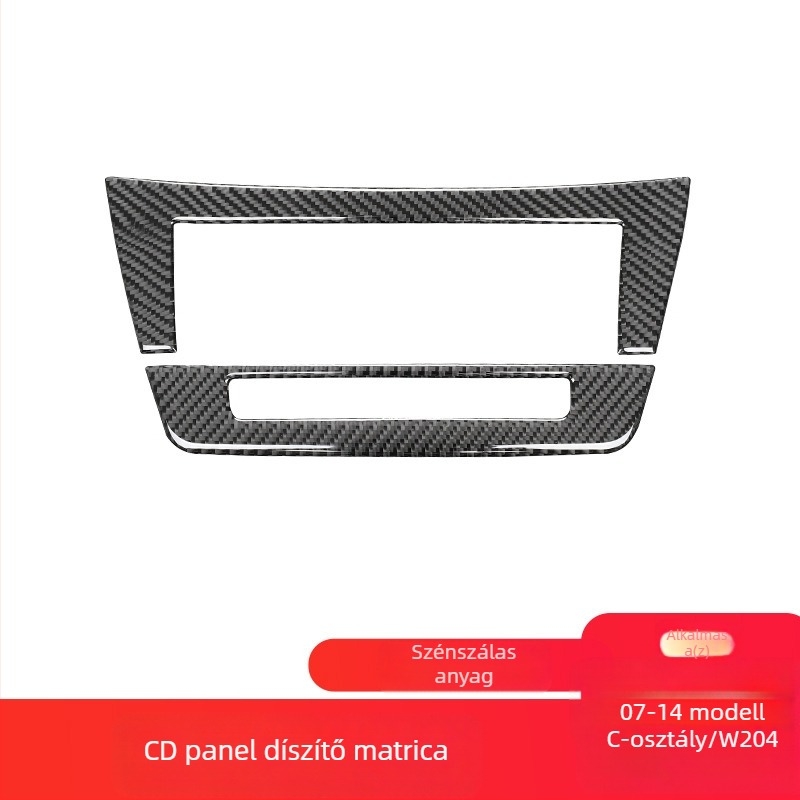 Karbon szálas belső díszítés a Mercedes-Benz W212 középső CD-paneljéhez (07–14 C‑osztály/E‑osztály) kristály epoxigyantával; anyag: karbonfábra + kristály epoxi gyanta; logó nyomtatva: OK