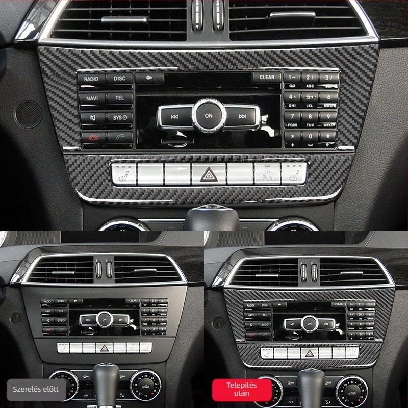 Karbon szálas belső díszítés a Mercedes-Benz W212 középső CD-paneljéhez (07–14 C‑osztály/E‑osztály) kristály epoxigyantával; anyag: karbonfábra + kristály epoxi gyanta; logó nyomtatva: OK