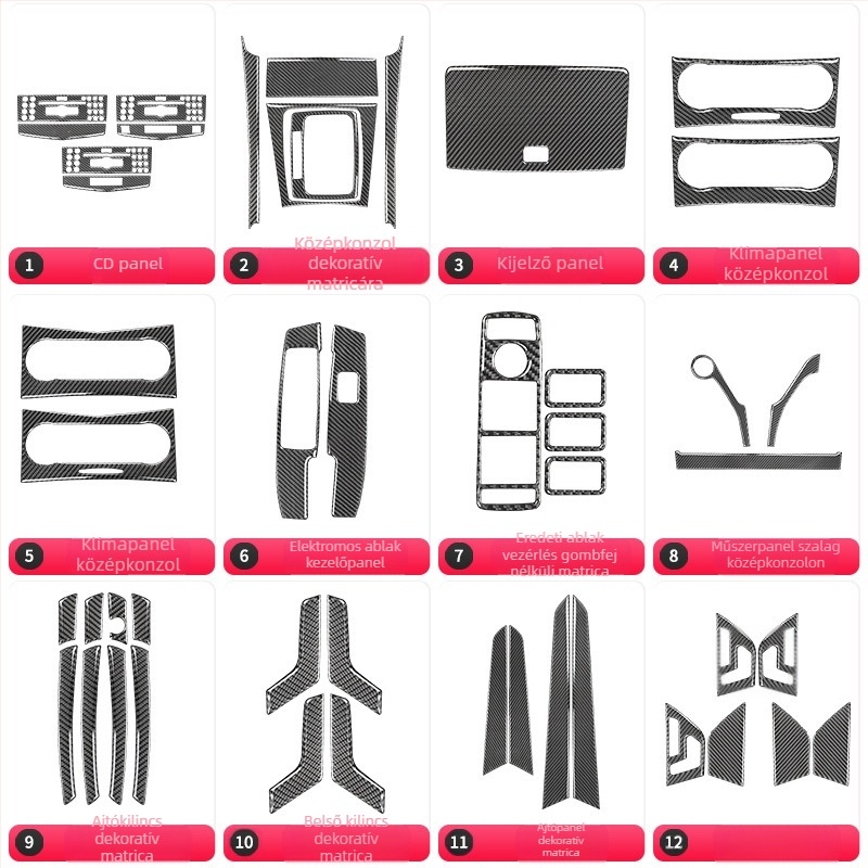 Karbon szálas belső díszítés a Mercedes-Benz W212 középső CD-paneljéhez (07–14 C‑osztály/E‑osztály) kristály epoxigyantával; anyag: karbonfábra + kristály epoxi gyanta; logó nyomtatva: OK