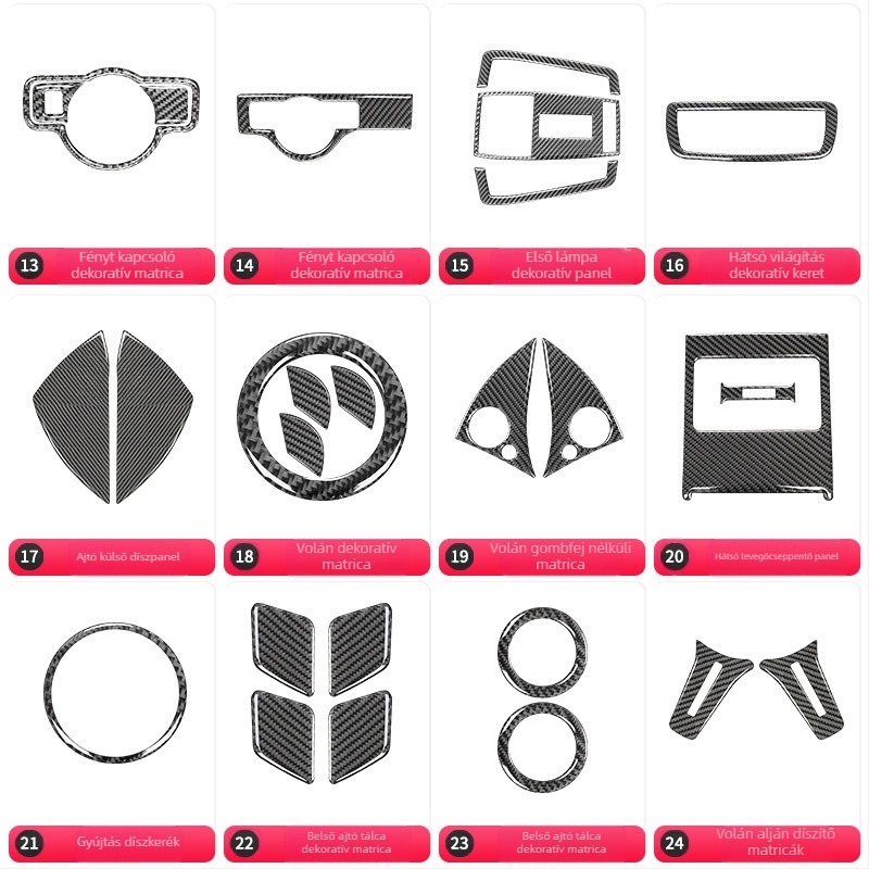 Karbon szálas belső díszítés a Mercedes-Benz W212 középső CD-paneljéhez (07–14 C‑osztály/E‑osztály) kristály epoxigyantával; anyag: karbonfábra + kristály epoxi gyanta; logó nyomtatva: OK