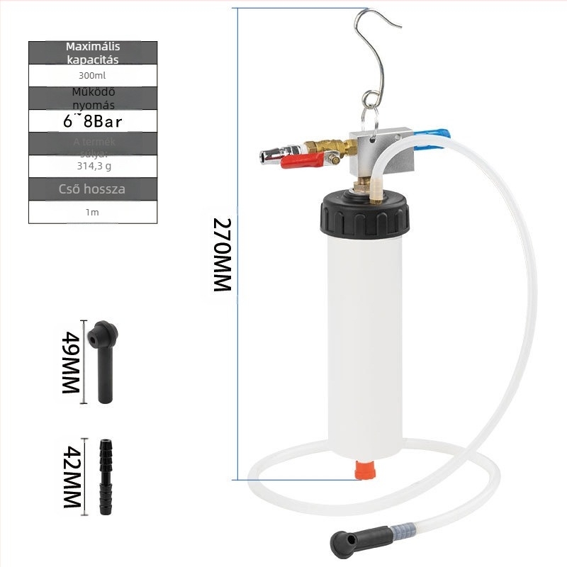 Pneumatikus fékfolyadék cserélő eszköz, 300 ml kapacitás, műanyag kivitel, univerzális alkalmazás, tömeg 0,4 kg