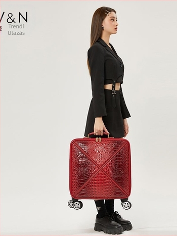 PVC utazótáska krokodil bőr imitációjával, cipzáras záródás, vízálló és kopásálló, univerzális kerekekkel és zárakkal