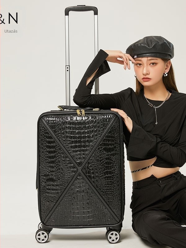 PVC utazótáska krokodil bőr imitációjával, cipzáras záródás, vízálló és kopásálló, univerzális kerekekkel és zárakkal