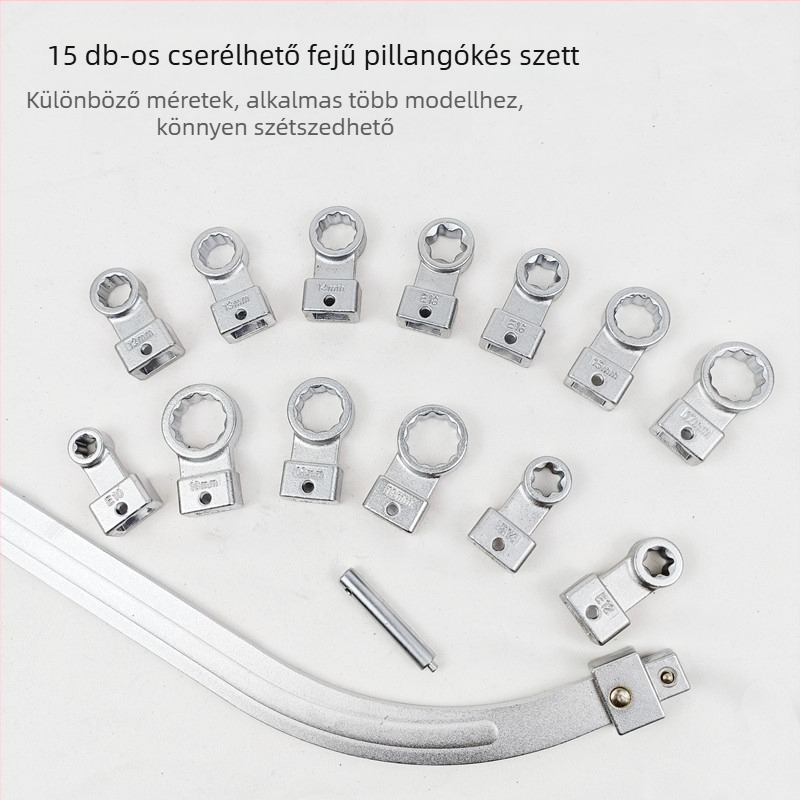 Övkulcs készlet – 15 darabos, cserélhető fejű, krómozott felület, króm-vanádium acél, tömeg 1.7