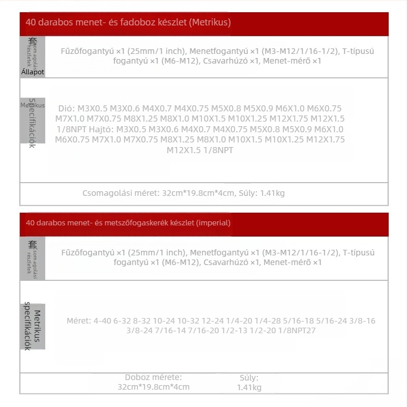 God Super 40 darabos metrikus és hüvelykes menetkészlet kézi Tap Wrench