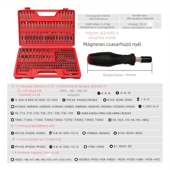 Mussen Hall 208-darabos csavarfej-készlet elektromos fúróhoz és csavarozóhoz, nettó súly 2,21 kg