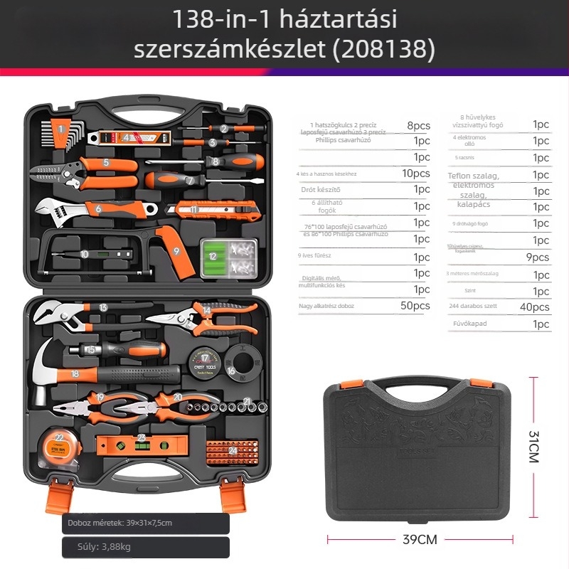 CREST Szénacél szerszámkészlet otthoni javításokra, 138 részes multifunkcionális elektromos karbantartó készlet, Formula-stílus, háztartási használat