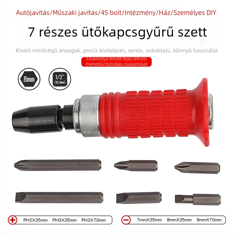 7 darabos ütőcsavarhúzó-készlet, multifunkcionális autójavításhoz, króm-vanádium acél, PH3 PH4 fejjel, metrikus szabvány