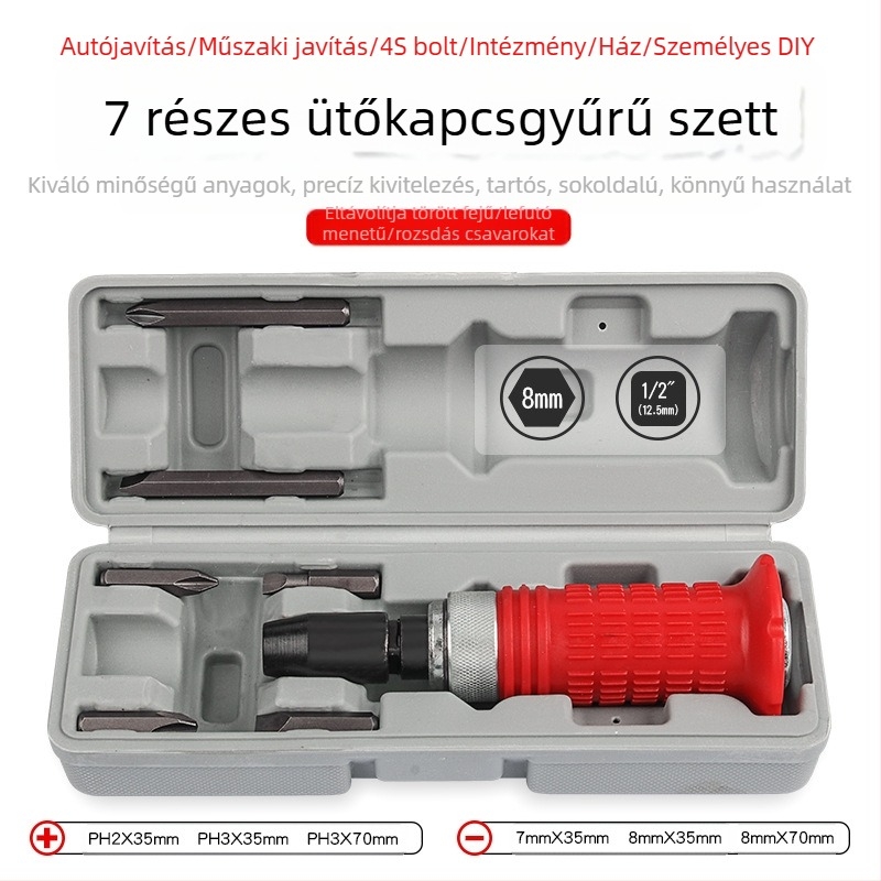 7 darabos ütőcsavarhúzó-készlet, multifunkcionális autójavításhoz, króm-vanádium acél, PH3 PH4 fejjel, metrikus szabvány
