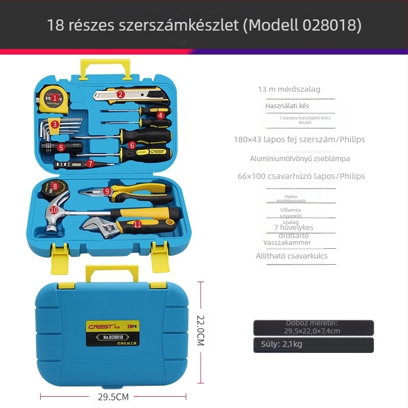 18 darabos háztartási szerszámkészlet, szénacél, Red márka