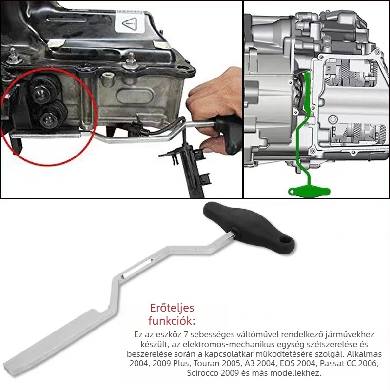 DSG 7‑sebességes váltó szelepház pozícionáló eszköz elektromos–mechanikus vezérlőegység szétszereléséhez (szénacél, 1,1 kg)