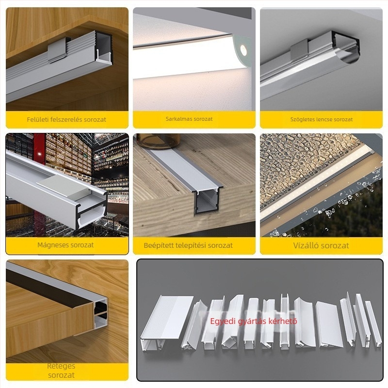 LED-szalag U-alakú kialakítás, nyitott szereléshez, merev fénycső tok, modell L054, anyag alumíniumötvözet + műanyag lámpaernyő, oxidált felület, beltéri világításhoz