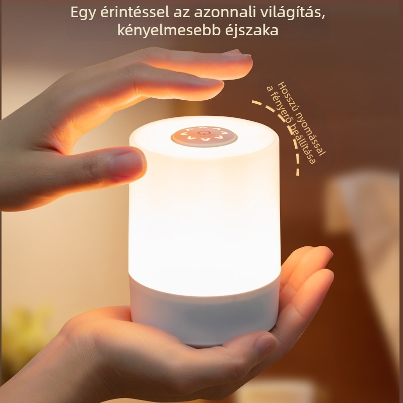 Babaágy melletti éjjeli fény érintéses vezérléssel, koppintás aktiválás, beépített akkumulátor, műanyag lámpabúra