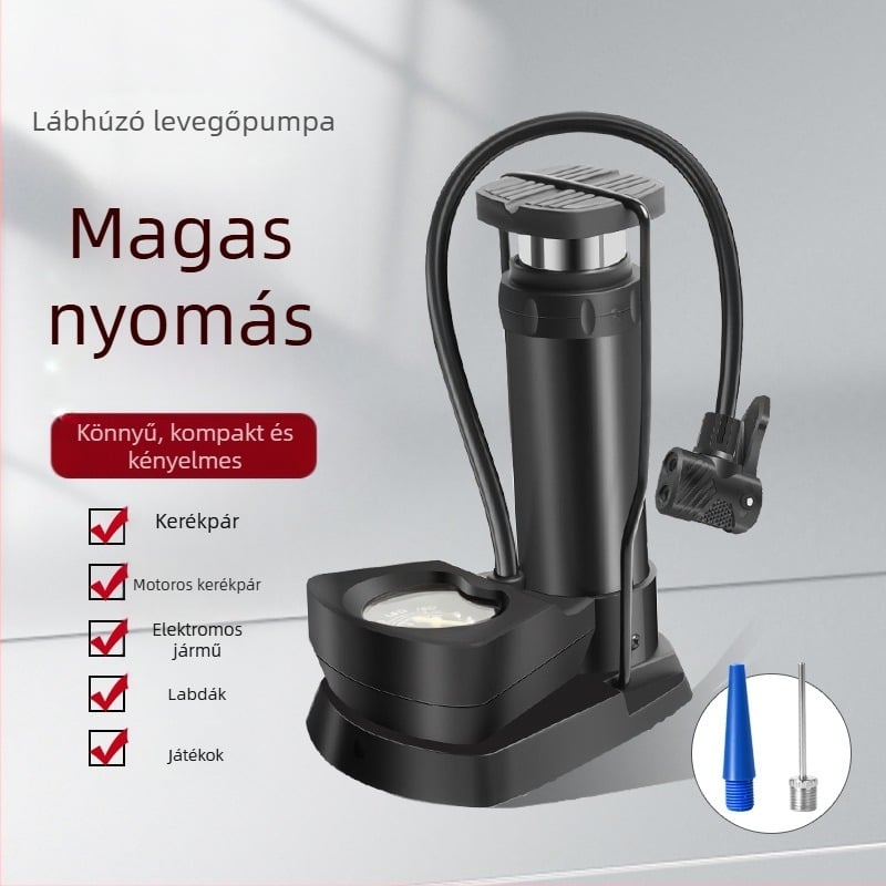 Lábpedálos légpumpa autókhoz, kerékpárokhoz, motorkerékpárokhoz és elektromos járművekhez — nagy nyomású, egyhengeres, 25 L/min, manométerrel