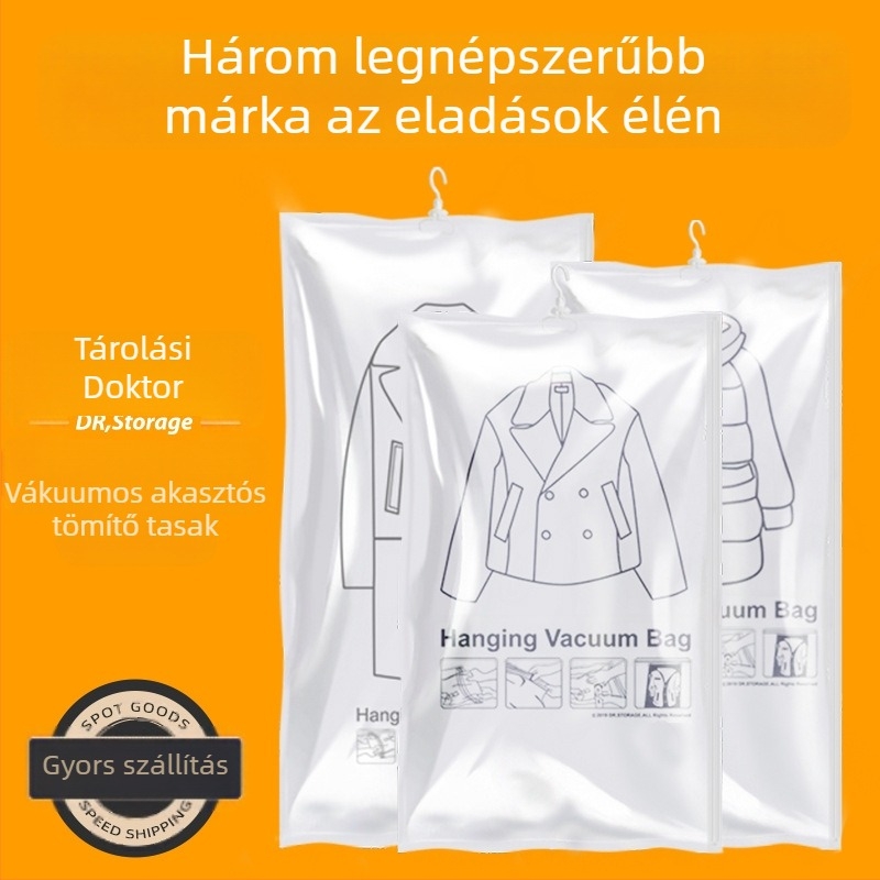 Függő vákuum tárolózsák otthoni használatra – tollkabátok és ruhák számára, PA+PE, modell SNGG001, pumpa nélkül