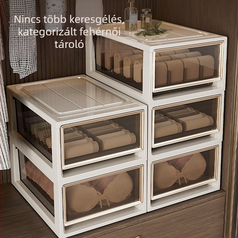 Fiókos fehérneműtartó doboz – 3 az 1-ben szervező melltartók, fehérneműk és zoknik számára; PP műanyag, porálló; tömeg 0,95–3,01 kg; márka Flying Cat.