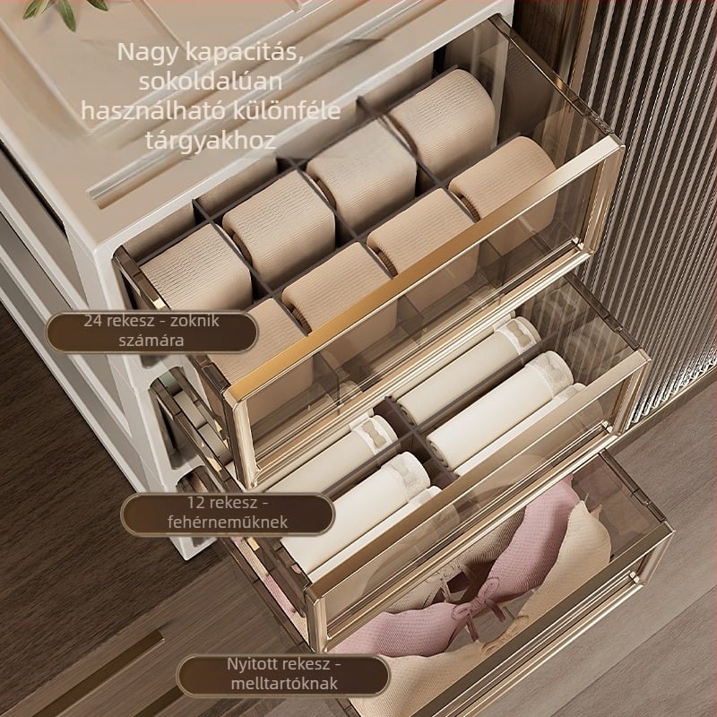 Fiókos fehérneműtartó doboz – 3 az 1-ben szervező melltartók, fehérneműk és zoknik számára; PP műanyag, porálló; tömeg 0,95–3,01 kg; márka Flying Cat.