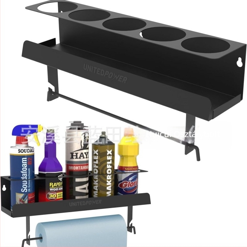 Fali szerelésű, kétszintes vas eszközrendező aeroszolos dobozok és papírzsebkendők számára — modern, minimalista stílus, csavaros rögzítés, többfunkciós garázs, műhely és otthon