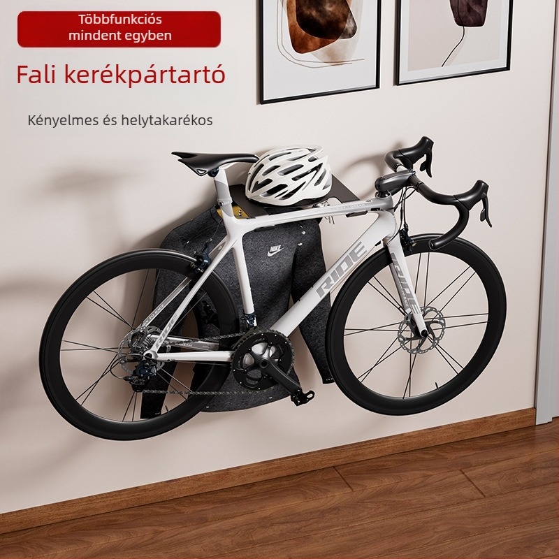 Falra szerelhető kerékpár tároló – beltéri parkolási megoldás, modell 2001-1; anyag: szénacél és bambusz; tömeg 3 kg; alkalmas kerékpárokhoz, mountain bikeokra és snowboardokra