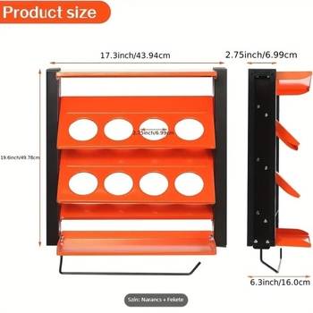 Falra szerelhető sprayfesték tartó – 4 szint, karbonacélból készült, csavaros szerelés, többfunkciós garázs/műhely tároló