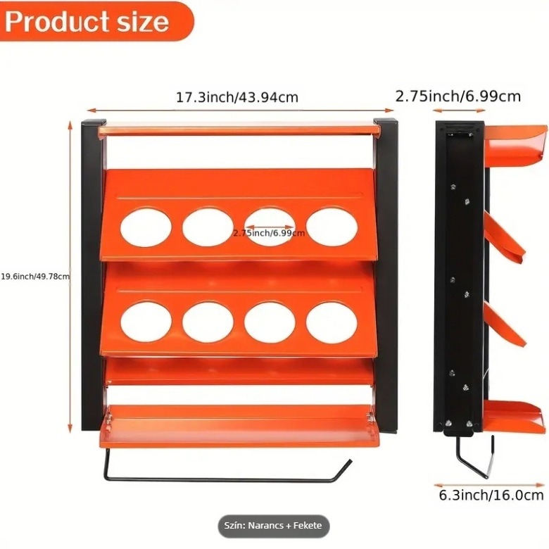 Falra szerelhető sprayfesték tartó – 4 szint, karbonacélból készült, csavaros szerelés, többfunkciós garázs/műhely tároló