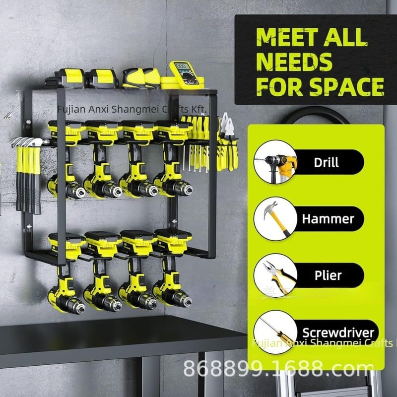 Falra szerelhető elektromos szerszám tároló polc, szénacélból, 3 rétegű, sokoldalú
