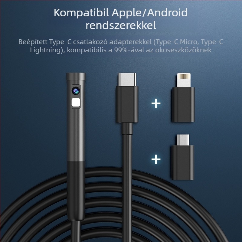 Kétlencsés endoszkóp autó- és ipari csövekhez, modell W300, 5,5 mm-es szonda, 1000 mm-es működési hossz, IP67 vízálló, 68° látómező