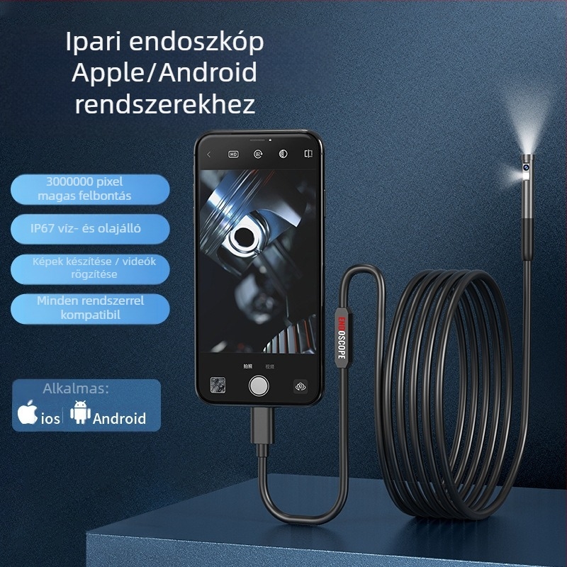 Kétlencsés endoszkóp autó- és ipari csövekhez, modell W300, 5,5 mm-es szonda, 1000 mm-es működési hossz, IP67 vízálló, 68° látómező