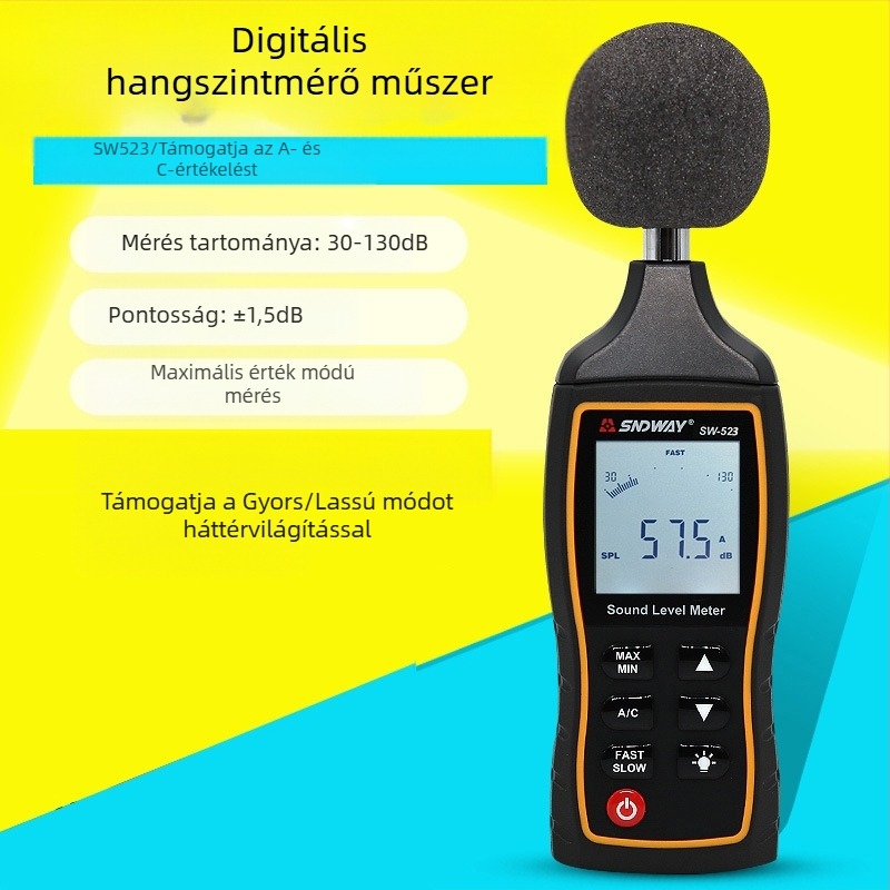 Digitális zajmérő SW523/524, tartomány 30-130 dB, pontosság ±1,5 dB, felbontás 0,1 dB, működési hőmérséklet 0-40°C