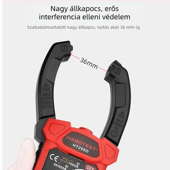 Digitális klemme-mérő, AC/DC mérése, 1000 A tartomány, LCD kijelző, égés elleni védelem, többfunkciós