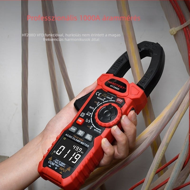 Digitális klemme-mérő, AC/DC mérése, 1000 A tartomány, LCD kijelző, égés elleni védelem, többfunkciós