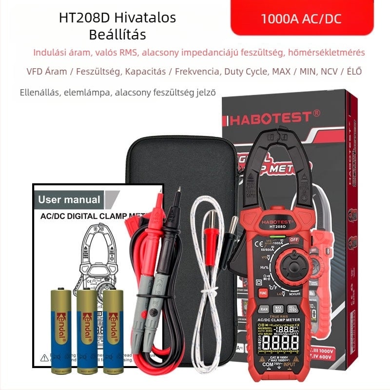 Digitális klemme-mérő, AC/DC mérése, 1000 A tartomány, LCD kijelző, égés elleni védelem, többfunkciós