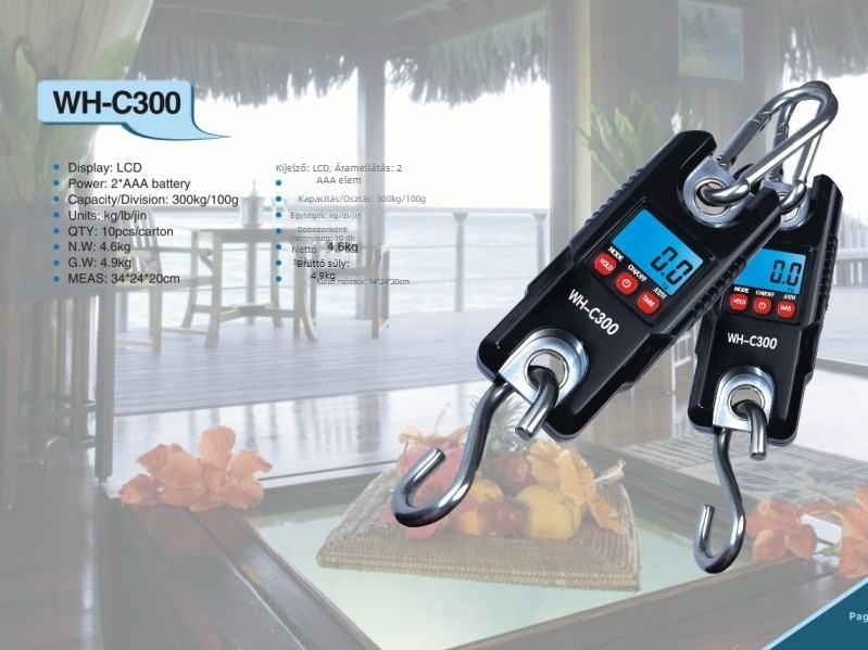 WH-C300 Hordozható digitális daru mérleg horoggal állatoknak, 300 kg