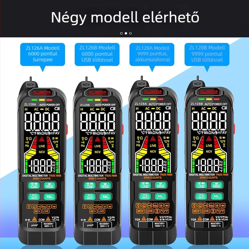 ZL126A/ZL128 Digitális kézi multiméter automatikus tartománnyal, CAT III 600V, DC/AC feszültség 1000V/750V-ig, kapacitás 1 000 000 μF