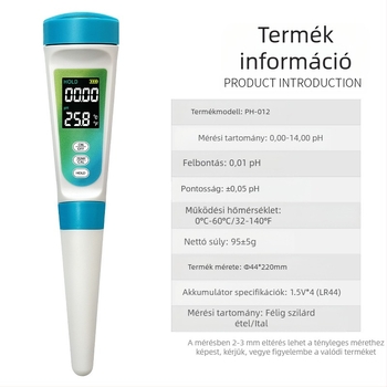 Hordozható pH-mérő üveg elektróddal, digitális kijelző, 0–14 pH tartomány, 0,01 pH pontosság, hőmérséklet-kompenzáció 0–60 °C
