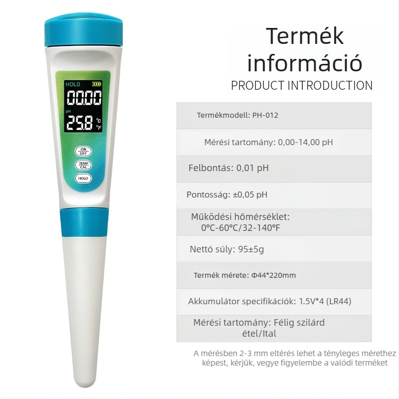 Hordozható pH-mérő üveg elektróddal, digitális kijelző, 0–14 pH tartomány, 0,01 pH pontosság, hőmérséklet-kompenzáció 0–60 °C